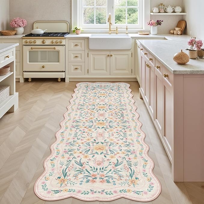 Scalloped Floral Runner Rug 2x6, Pink Washable Non-Slip Boho Hallway Rug, Soft Cute Carpet Runner for Kitchen, Bathroom, Laundry, Entryway or Bedroom