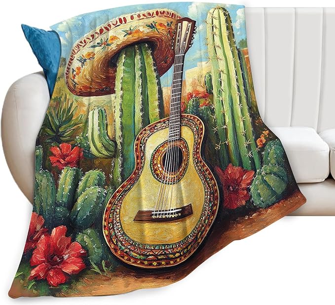 Mexican Blanket Cactus Guitar Decor Throw Blanket Super Soft Flannel Lightweight Fluffy Plush Cozy Fuzzy Fleece Cowboy Western Gifts Blanket for Kids Boys Adults Man for Bed Sofa 40"X50"