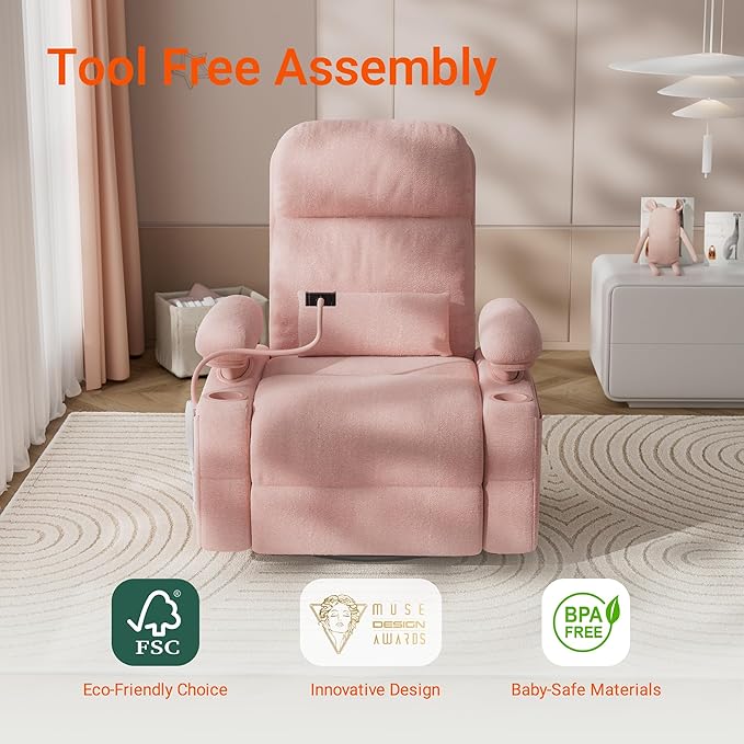 MAMAZING Oversized Electric Nursery Rocking Chair with Adjustable Armrests, Power Recliner Glider Nursing Chair for Breastfeeding, USB & Type-C Ports, Phone Holder, Oeko-TEX & FSC Certified(Pink)