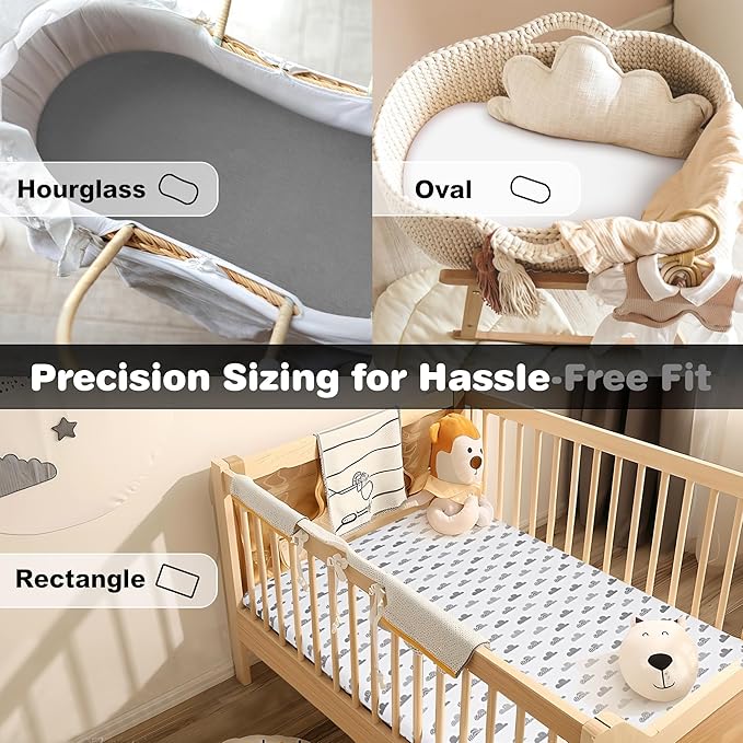 3-Pack Cotton Muslin Bassinet Sheets - Fitted Elastic Mattress Cover for Baby Boys & Girls, Breathable Bedside Bassinet Sheets Neutral Colors (Fits Oval & Rectangle Shape) (Gray)