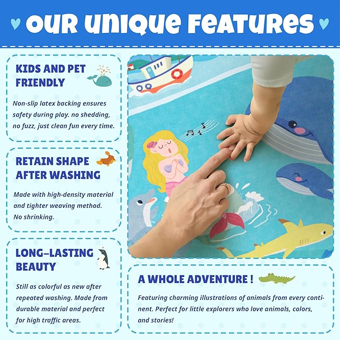 Large Blue Ocean Rug for Kids Room – 8x10 Play Mat with Mermaid & Fish, Washable Non Slip Fun Crawling Carpet for Classroom Elementory, Playroom or Beach Rugs for Bedroom