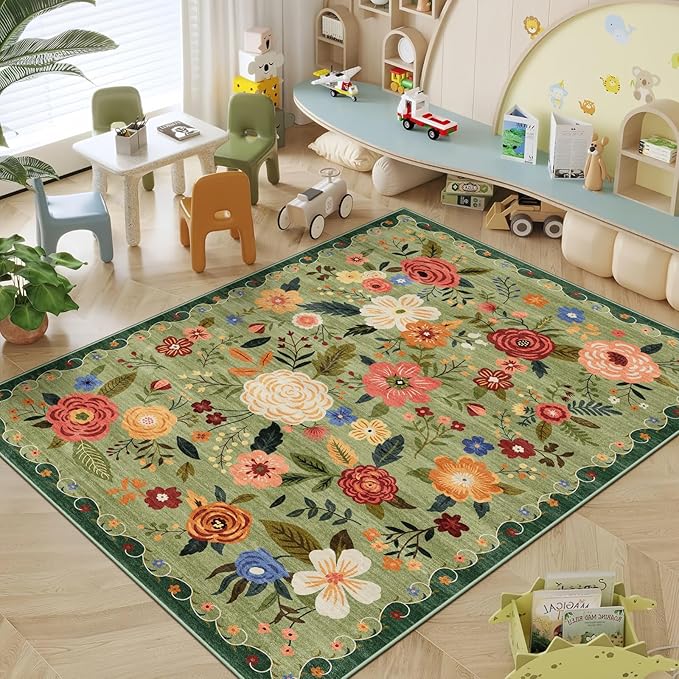 5x7 Washable Area Rug for Living Room, Floral Non-Slip Non-Shedding & Easy Care, Soft Low Pile Boho Indoor Floor Carpet for Living Room, Bedroom, Farmhouse, Dining Room, Kids Playroom, Green