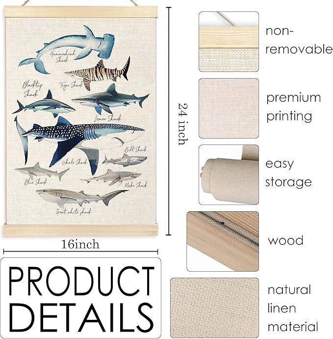 Ecezatik Species of Sharks Wall Art with Wooden Poster Hanger, Shark Posters, Beach Room Decor, Ocean Room Decor, Shark Wall Art Decor for for Classroom Nursery Kids Room Playroom, 16x24 Inch