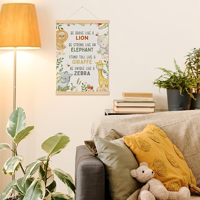 MOTERMATE Tropical Safari Nursery Wall Art Poster, Jungle Woodland Nursery Decor, Inspirational Canvas Poster Hanger Frame, Safari Baby Animal Nursery Wall Hanging Banner Decor for Classroom, 12x16 In