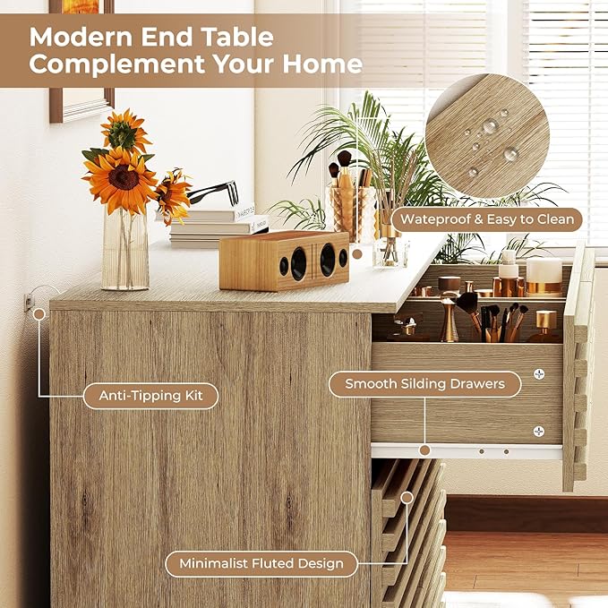 EAG 6 Drawer Dresser for Bedroom, 47" Fluted Storage Cabinet with Drawers, Handleless Design, Modern Wide Dresser TV Stand for Bedroom, Living Room, Hallway, Natural Oak