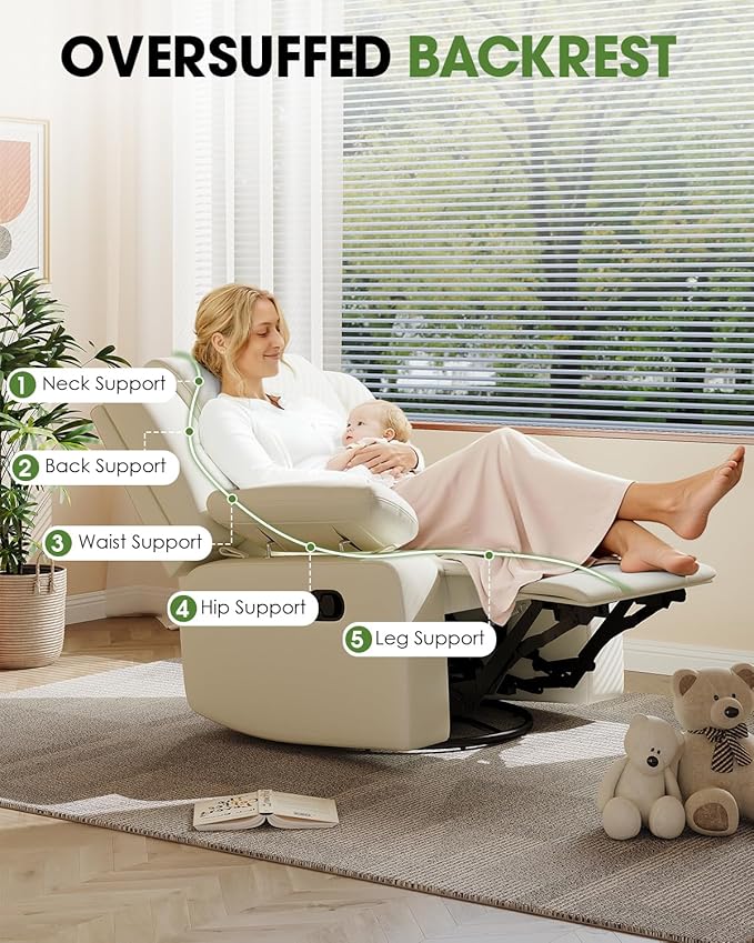 AILEEKISS Rocking Chair Nursery Swivel Recliner Glider Chair with Adjustable Armrests,Headrest Rocker Nursing Chair for Breastfeeding Comfy Upholstered Living Room Reclining Chairs(Beige)