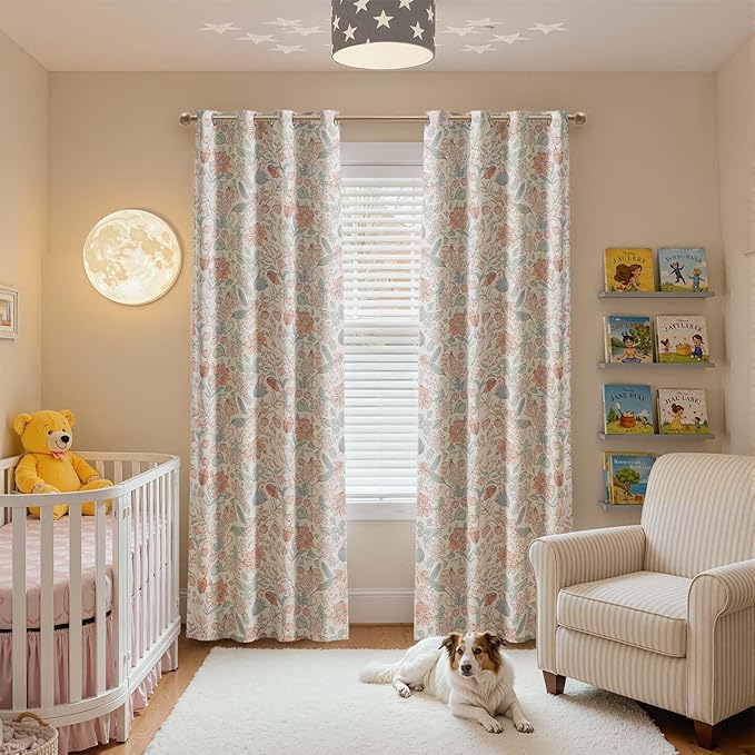 jinchan Nursery Curtains 95% Blackout 90 Inch Long, Pink Floral Curtains for Girls Room, Farmhouse Country Drapes for Living Room, Room Darkening Window Treatments Grommet Top Set 2 Panels