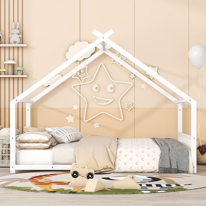 Full Size House Shaped Montessori Platform Beds, Wood Floor Bed Frame with Roof and Fence Deisgn, Kids Double Toddler Bed for Children Boys Girls, Easy Assemble, No Box Spring Needed, White