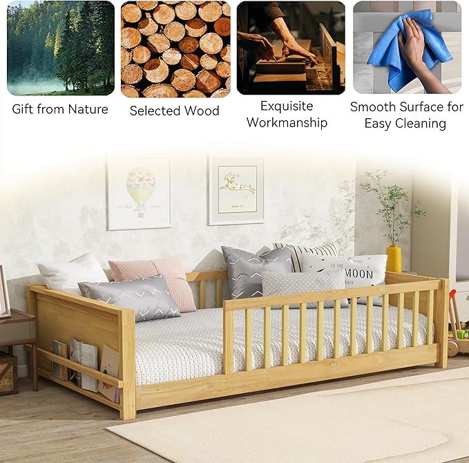 Twin Toddler Floor Bed with High Rails, Wooden Montessori Bed Frame with Built-in Book Rack, Twin Size Bed Frame for Kids, Boys and Girls, Natural