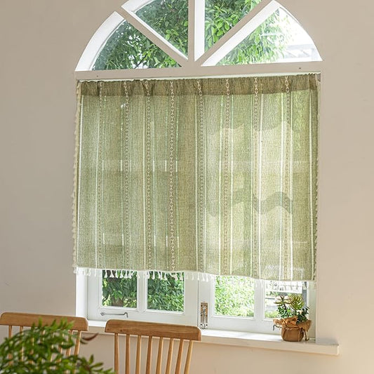 Deeprove Green Boho Curtain Valance for Cafe Kitchen Closet Doorway Decor, Sheer Bohemian Farmhouse Cotton Linen Short Panel French Tassel Trim Country Window Treatments Panel, W52 x L18, 1 Piece