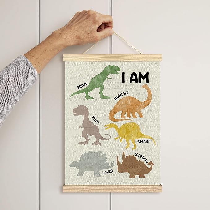 BCUANGD Dinosaurs Dino Wall Decor - Inspirational Boys Room Wall Art Poster Hanger with Wood Frames, Toddler Baby Mental Health Wall Hanging Canvas Decor for Kids Room Nursery Bedroom, 12x16 Inches