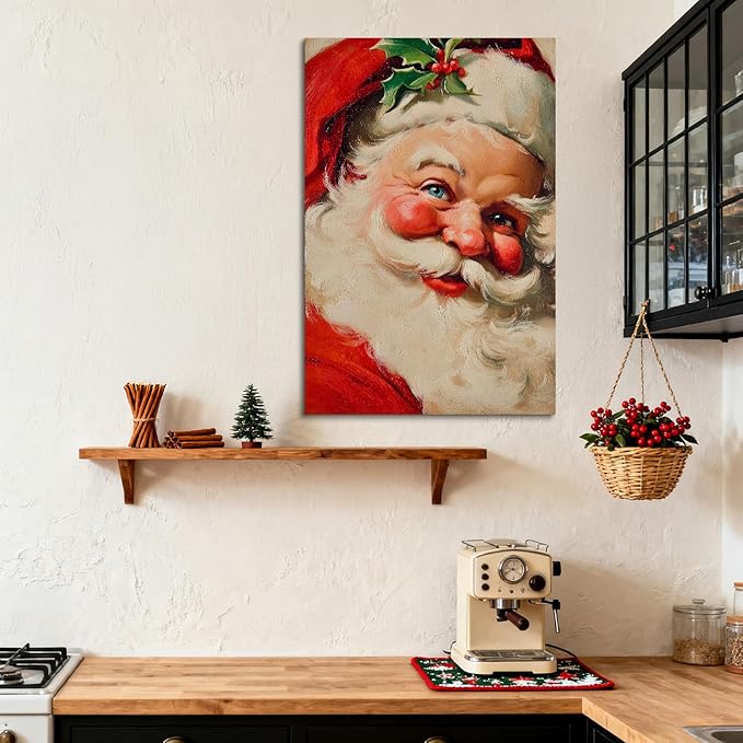 YONICA Christmas Canvas Wall Art Classic Santa 24x32 Inch Traditional Oil Painting Portrait - Large Framed Gallery Wrapped Living Room Art