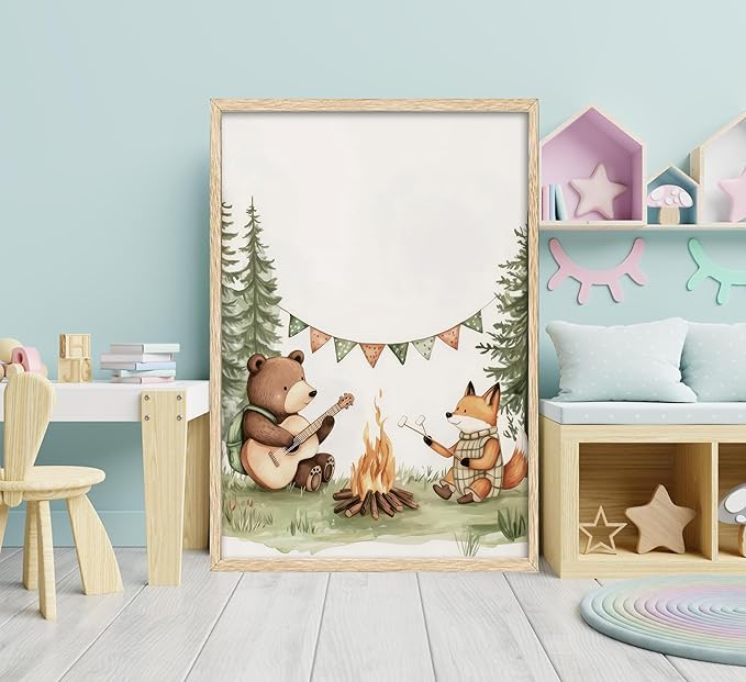 Woodland Animal Nursery Canvas Wall Art Fox Bear Rabbit Hedgehog Paintings Pictures Safari Nursery Wall Decor Forest Animals Camping Campfire Poster Print Artwork for Boys Kids Room Home Decoration