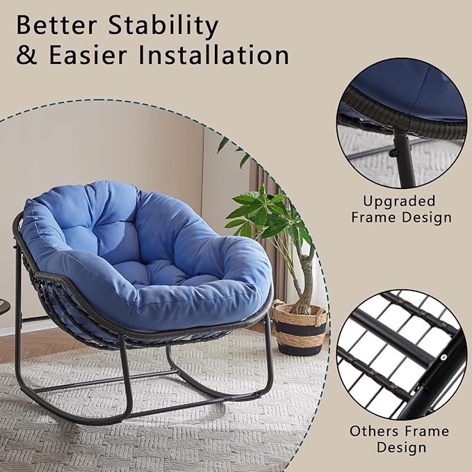Oversized Outdoor Papasan Rocking Chair with Soft Cushion, Comfy Patio Egg Chair, Wicker Lounge Rocker for Balcony/Porch/Garden, Reinforced All Weather Rattan Frame, 330 lbs Support, Royal Blue