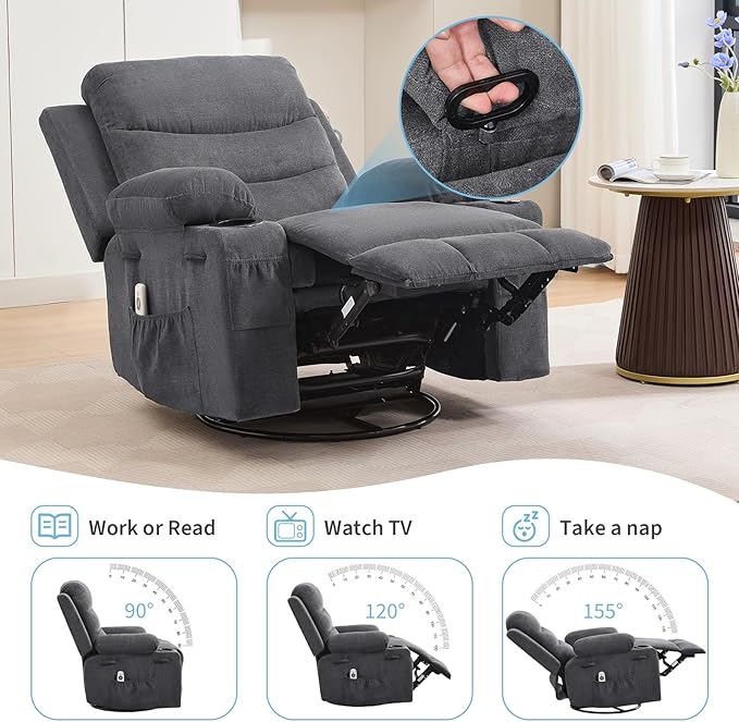 Recliner Chair Nursery, Oversized Manual Reclining Rocking Chair, 360 Swivel Glider with Cup Holder, Massage and Heat Recliner, Indoor Small Single Sofa Chairs for Adults, RV, Bedroom, Linen Gray