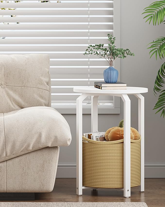 TUTOTAK Small Side Table, Oval End Table, Night Stand, Bedside Table, Sofa Table with Storage Basket, Living Room, Bed Room, White and Beige TB01BWN093