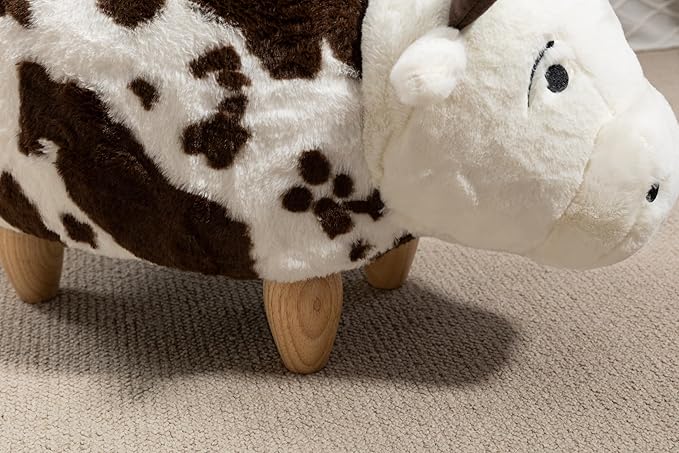 Home 2 Office Fun Happy Cow Ottoman with Storage for Kids' Bedroom, Playroom, Nursery or Recreation Room Decor, Soft Animal-Shaped Toddler Furniture with Wooden Legs