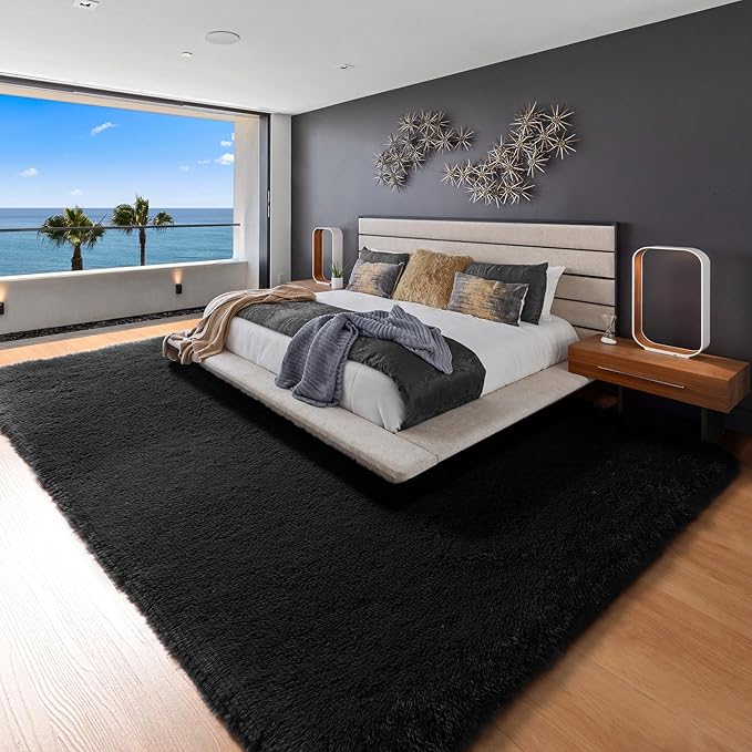 ONASAR Black 8x10 Area Rugs for Living Room, Large Fluffy Shag Bedroom Rug, Washable Ultra Soft Thick Shaggy Floor Big Indoor Carpets for Kids Boys Girls Teen Nursery Dorm Modern Home Decor Aesthetic