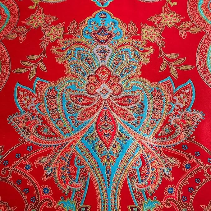 Floral Red Duvet Cover Queen Percale Long Staple Cotton Floral Comforter Cover Vintage Boho Paisley Duvet Cover Luxury Soft Jacquard Flower Bedding Set Farmhouse Floral Duvet Cover with 2 Pillowcases