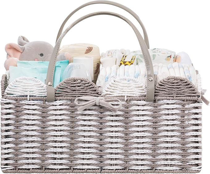 HBlife Large Baby Diaper Caddy, Paper Rope Storage Baskets Nursery Bin with Removable Divider, Portable Car Organizer for Diapers, Baby Shower Gifts, Newborn Essentials Must Haves
