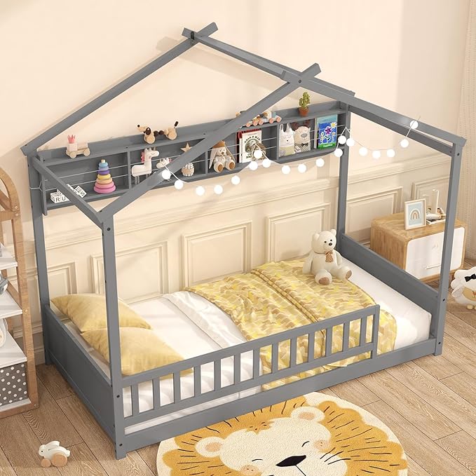 Giantex Twin Floor Bed with Storage Shelf, Wooden Bed Frames with Headboard & Guardrail, Montessori Floor Bed with Wooden Slat Support for Kids, Grey
