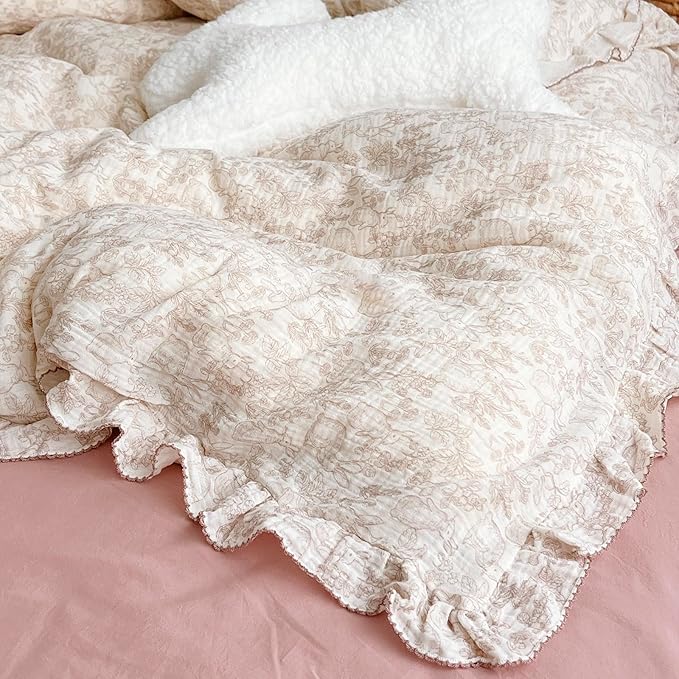 AOJIM Kids Muslin Duvet Cover with Forest Themed Patterns, Pure Cotton Toddler Comforter Cover 59X79'', Ruffled Design Baby Crib Quilt Cover 2-Layer Gauze for Boys Girls, No Comforter or Pillowcases