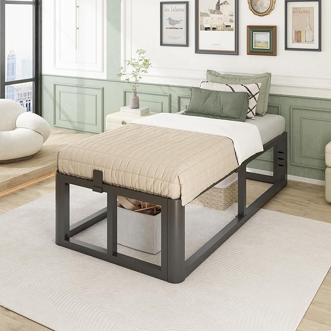 Metal Heavy Duty 18 inch Twin Bed Frame with Rounded Corner and Headboard Hole Mattress Retainers 3500 LBS No Box Spring Needed Platform Noise Free Easy Assembly