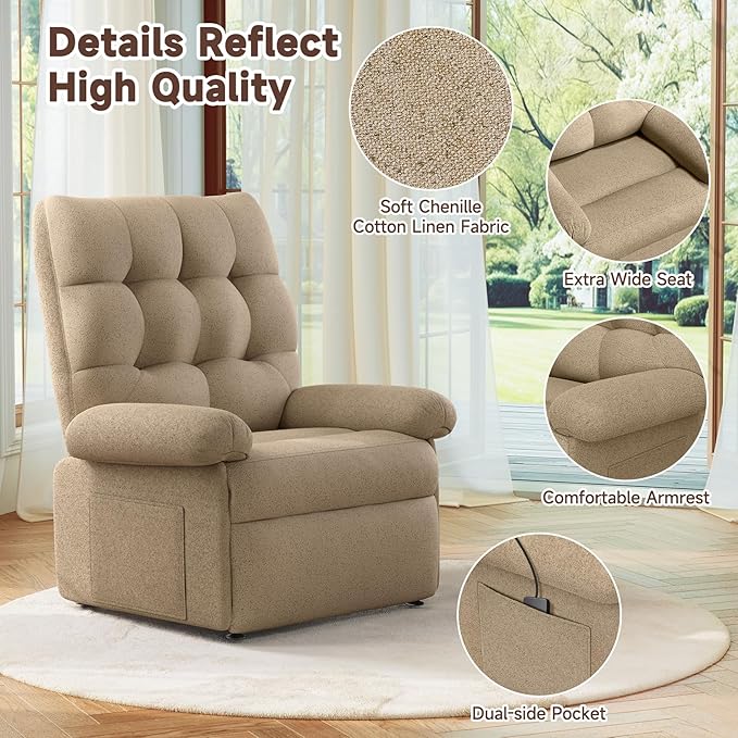 Power Recliner Chair for Elderly, Lift Chairs Triple Motor with Infinite Position, Seniors Electric Stand Assist, Single Sofa with Side Pockets for Living Room, Beige-Brown