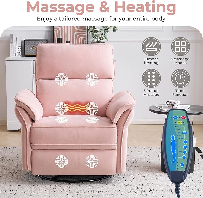 Oversized Power Recliner Chair Swivel Glider with Massage and Heat, Rocker Nursery Recliner for Adults with Adjustable Headrest, 26" Extra Wide Nursery Chair with Overstuffed Armrest,Pink