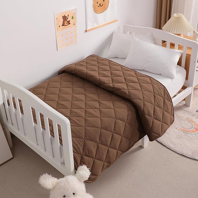 Down Alternative Toddler Comforter 39x47, Lightweight Warm Solid Color Baby Crib Quilted Blanket for Boys Girls, Coffee