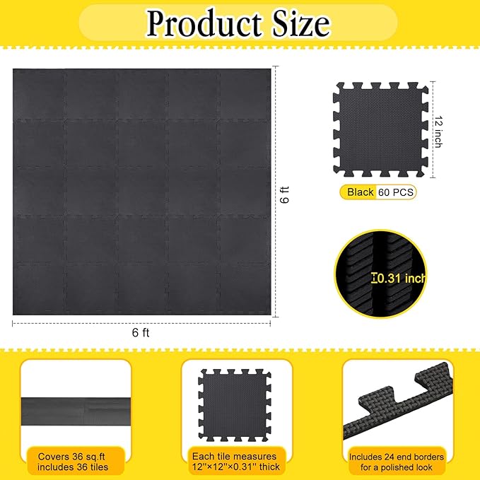 Nuanchu 60 PCS Kids Foam Puzzle Floor Mat Bulk - Solid Color Foam Play Mat with Borders Interlocking Multi Use Floor Rug for Children, 12 Inch(Black)