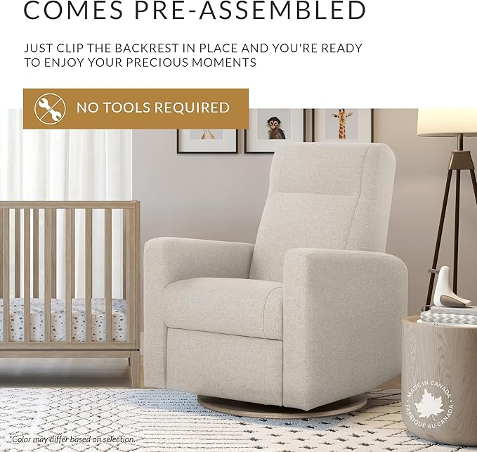 Jaymar Nelly Modern Nursery Glider Recliner Chair – Cozy Nursing Chair with 360° Swivel for New Parents, Gentle Motion, Compact Design, Lumbar Support – Made in Canada (Sand/Puppy Fabric)