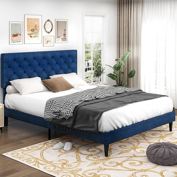 BarnFurin Queen Size Bed Frame with Headboard, Linen Upholstered Platform Bed with Button Tufted Design, No Box Spring Required, Easy Assembly, Navy Blue