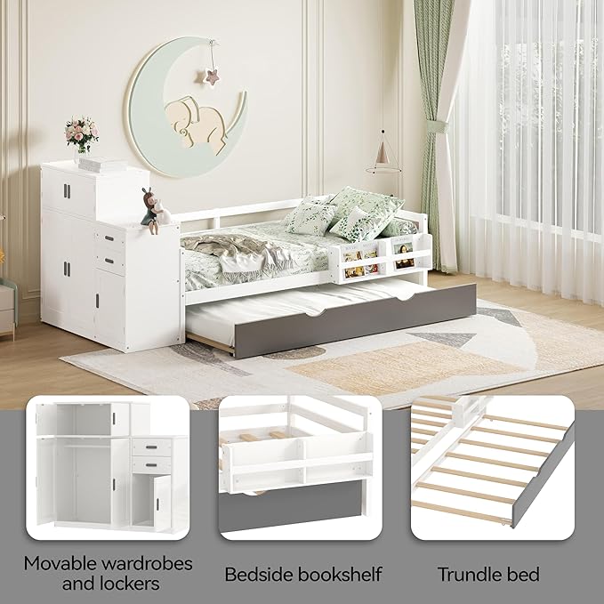 Merax Twin Corner Bed with Trundle and Drawers, Wooden Daybed Frame with Movable Wardrobe, Two Bookshelves, and Safety Guardrail, Twin Size Bed Frame for Kids, Boys Girls, Easy Assembly,White