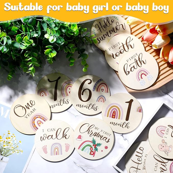 Tiamon 16 Pieces Wooden Baby Monthly Milestone Cards Monthly Milestone Marker Discs Double Sided Wooden Circles Months Signs for Baby Shower Newborn Photo Props(Rainbow)