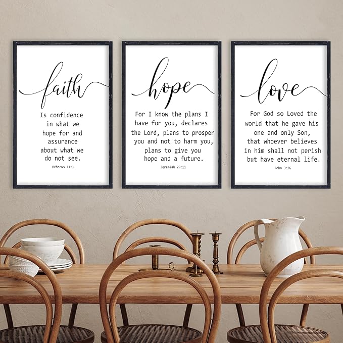 Faith Hope and Love Bible Verses Wall Decor Sign 16x24 Inch Wood Framed Set of 3 Farmhouse Living Room Christian Faith Scripture Art Inspirational Religious Quote Love Wall Hanging (Black)