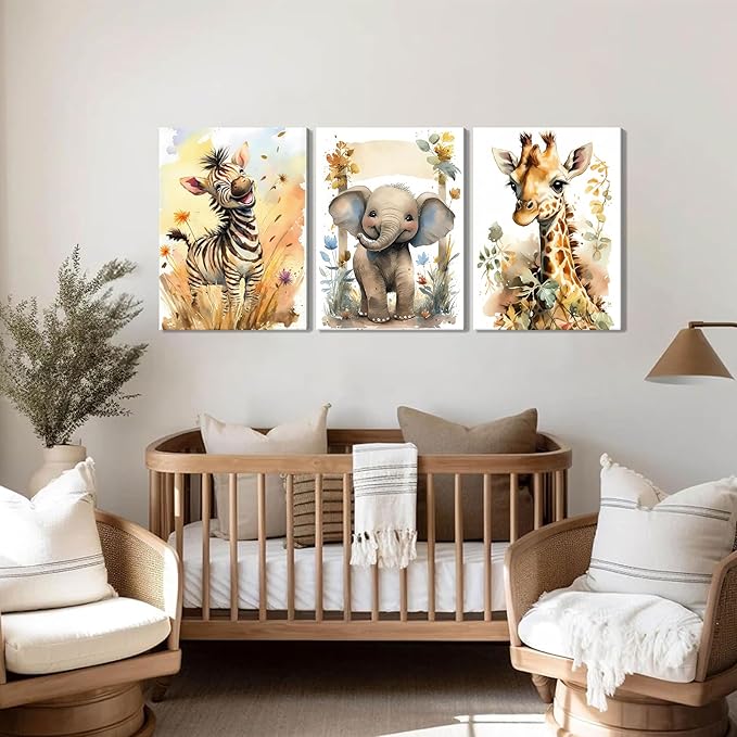 Woodland Animal Wall Art Set of 3, Wild Animals Nursery Picture Wall Decor Canvas, Cute Giraffe Elephant Zebra Watercolor Poster Print Artwork for Boys Girls Room Decoration – 16x24 inch