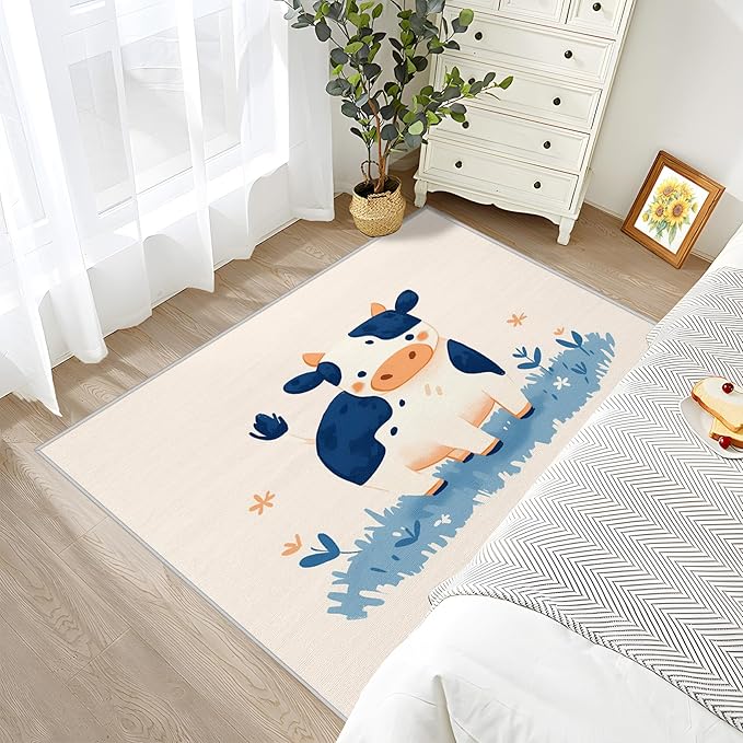 Cow Rug for Nursery - Cute Cattle Area Rug 7x10, Cartoon Farm Animal Rugs for Living Room Bedroom, Kids Farmhouse Animal Carpet - Washable Non Slip Foldable, Cow Home Decor & Gifts