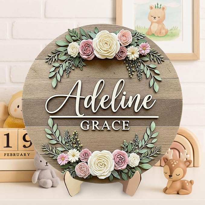 Custom Floral Wooden Name Sign for Girls – Personalized Wooden Name Sign with Roses and Leaves, Newborn Keepsake Gift, Nursery Room Wall Decor