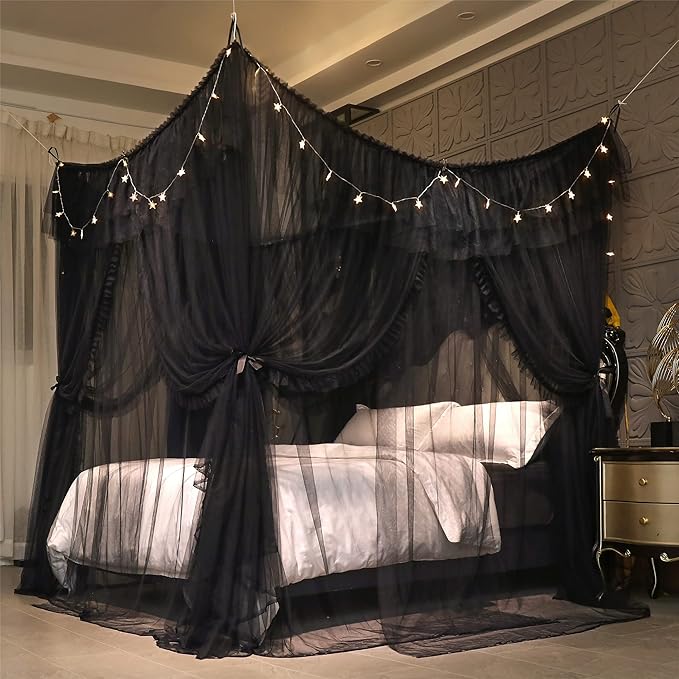 VETHIN 4 Corners Post Ruffle Princess Bed Canopy Curtain-Double Layer Cozy Drape Netting 4 Opening Mosquito Net for Girls Adults Bedroom Decoration (Double-Black,59" W*82" L*82"*H/Queen)