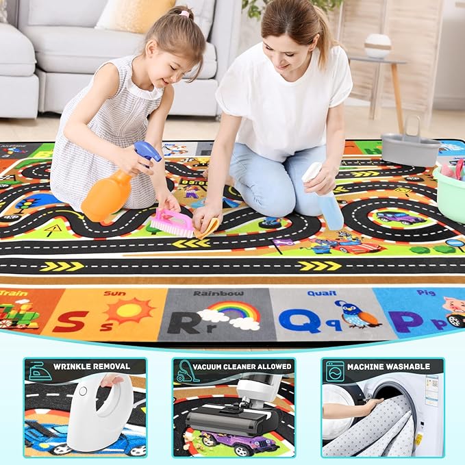Race Track Car Rug 6x9FT Road Rug for Kids Toy Cars Non-Slip Play Carpet Baby Play Mat for Floor Washable ABC Alphabet Playroom Nursery Preschool Daycare Classroom Carpet