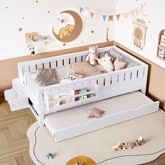 Bellemave Twin Bed with Trundle Twin and Stairs, Twin Size Platform Bed Frame with Fence and Bookshelf, Easy Assemble Beds for Kids, Girls, Boys, White