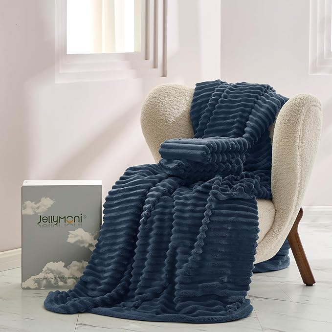 JELLYMONI Plush Duvet Cover Set - Queen Size Navy Blue Striped Fluffy Comforter Cover 3pcs Bedding Set Luxury Ultra Soft Faux Fur Duvet Cover with Zipper and 2 Pillowcases (NO Comforter)
