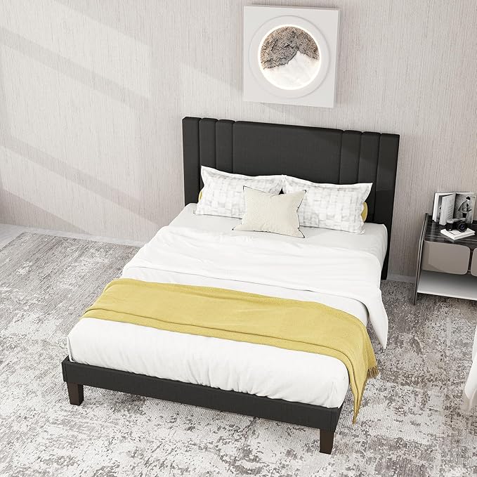 Tyndall Queen Size Bed Frame, Linen Fabric Upholstered Platform with Headboard