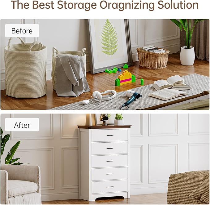 Farmhouse 5 Drawer Dresser for Bedroom, 47" Tall Chest of Drawers, Wood White Dresser with Deep Drawers, Storage Dressers Organizer for Bedroom, Living Room, Hallay, White