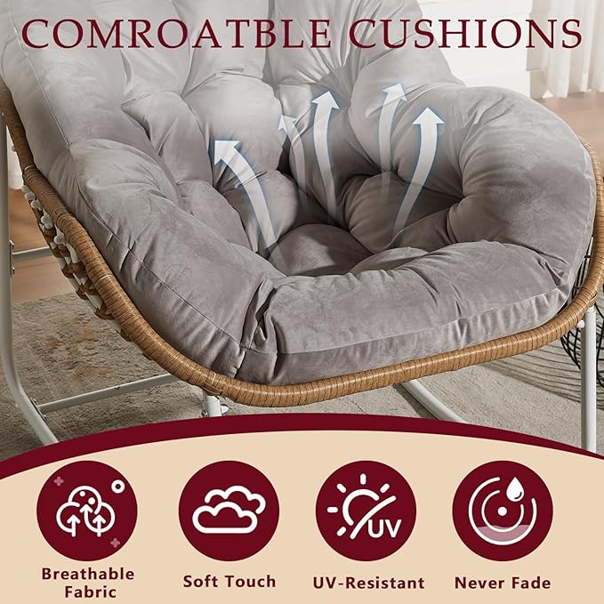 Oversized Outdoor Papasan Rocking Chair with Soft Cushion, Comfy Patio Egg Chair, Wicker Lounge Rocker for Balcony/Porch/Garden, Reinforced All Weather Rattan Frame, 330 lbs Support, Light Grey