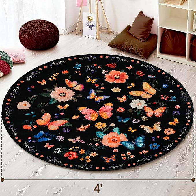 4' Machine Washable Round Area Rug, Non-Slip Vintage Floral Circle Floor Rugs for Kids, Low Pile Room Carpet for Living Room, Bedroom, Dining Room & Nursery(4' Black Floral)