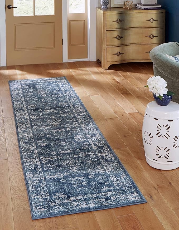Rugs.com Charleston Collection Rug – 10 Ft Runner Navy Blue Low-Pile Rug Perfect for Hallways, Entryways
