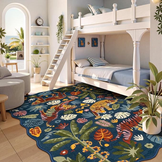 LEEVAN 5x7 Animal Area Rugs Washable Blue Tiger Living Room Rugs Non Slip Scalloped Tiger Bedroom Rug Low Pile Leopard Nursery Floor Carpet Jungle Leaf Print Kids Rug