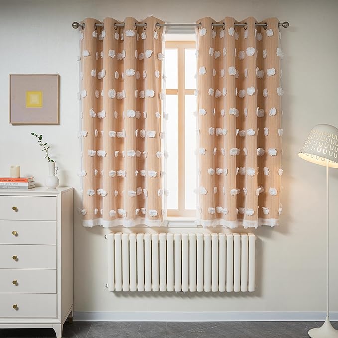 MYSKY HOME Nursery Curtains Yellow Double Layer Curtains for Bedroom 63 Inch Long Curtains for Kids Room Kithen White Pom Pom Sheer Grommet Room Darkening Window Curtains 2 Panels Set, 52 x 63 Inch